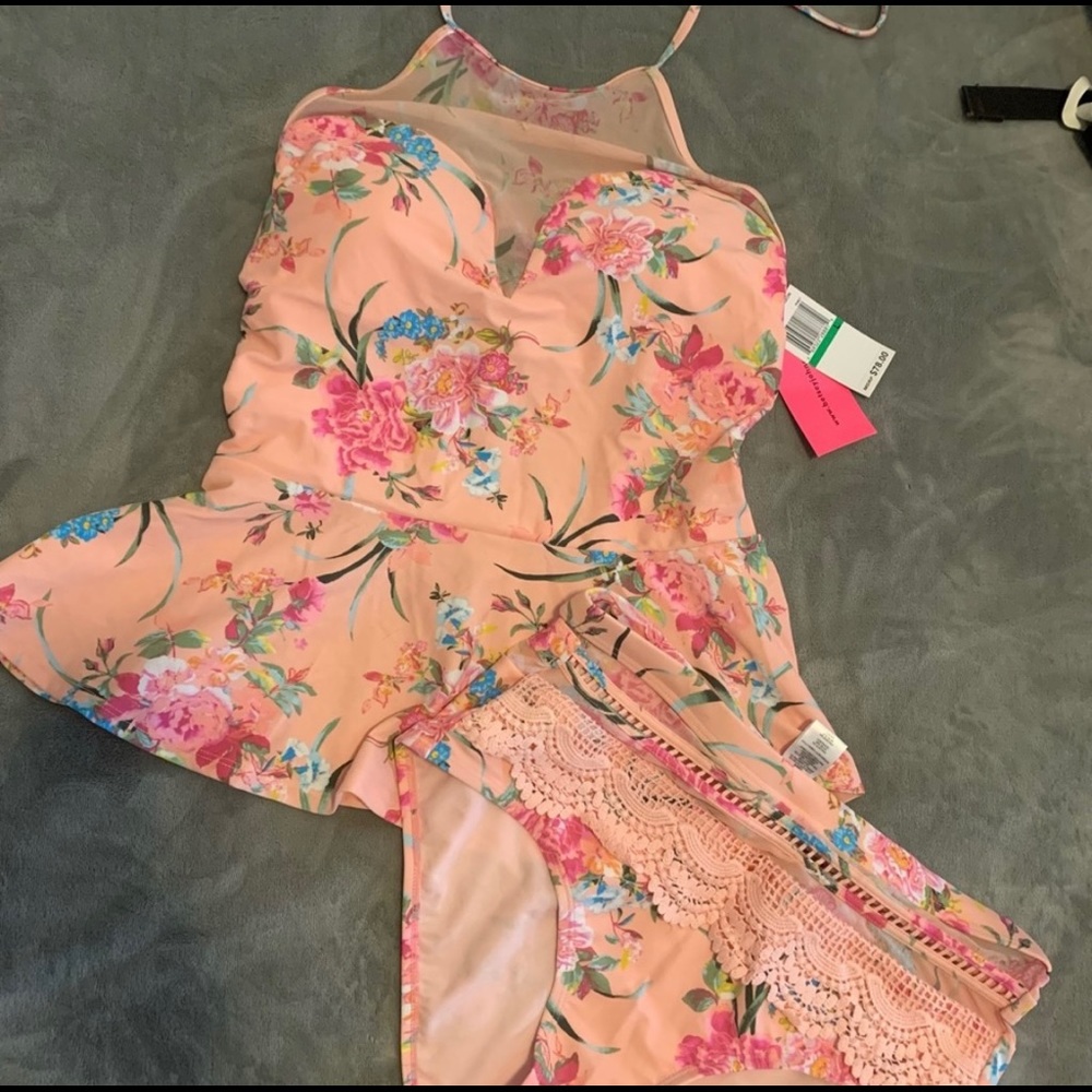 Betsey Johnson Pink Midnight Garden Lace Tankini and Lace Bottom Set L